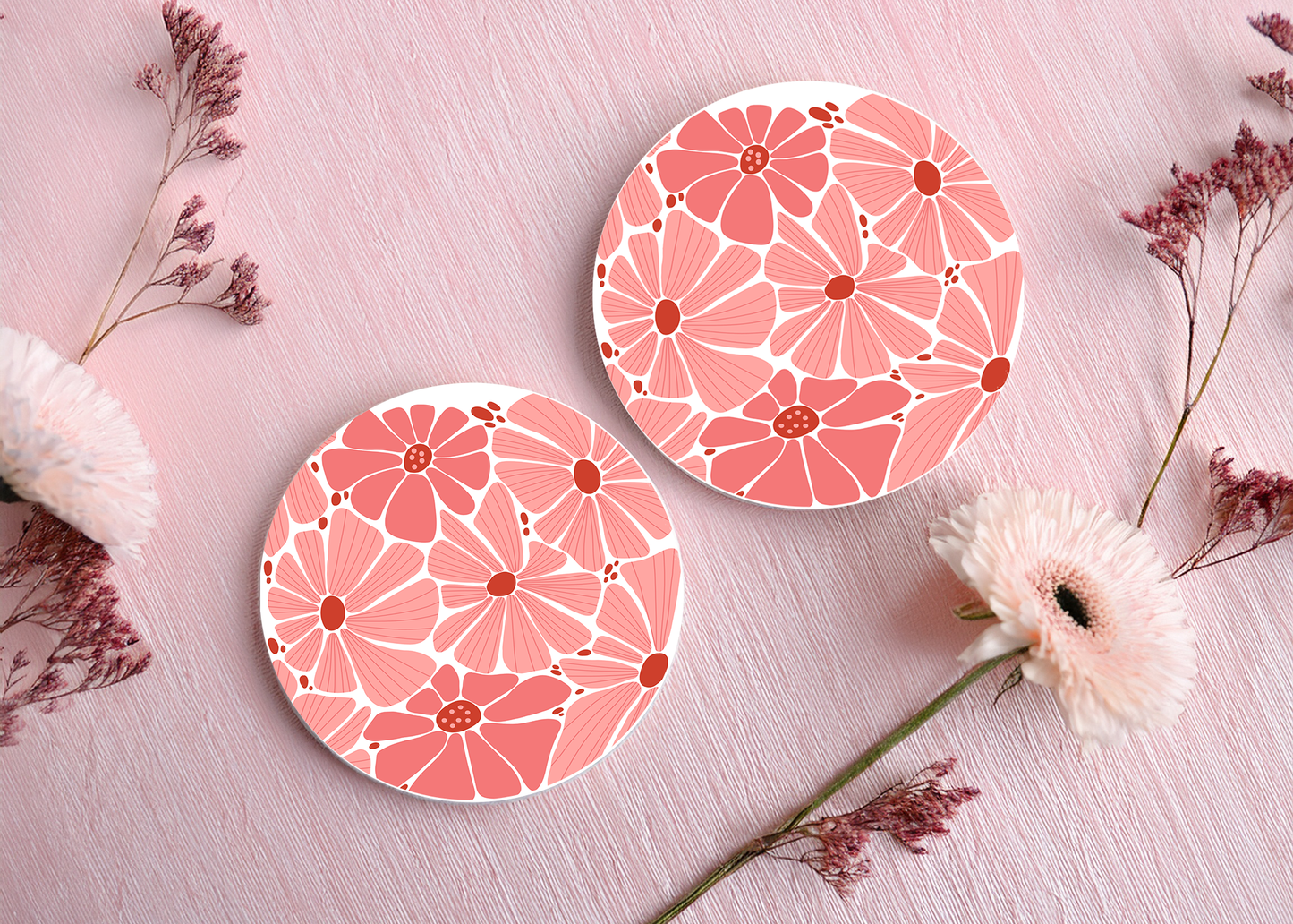 Peach Floral Car Coasters – Set of 2, Absorbent & Non-Slip