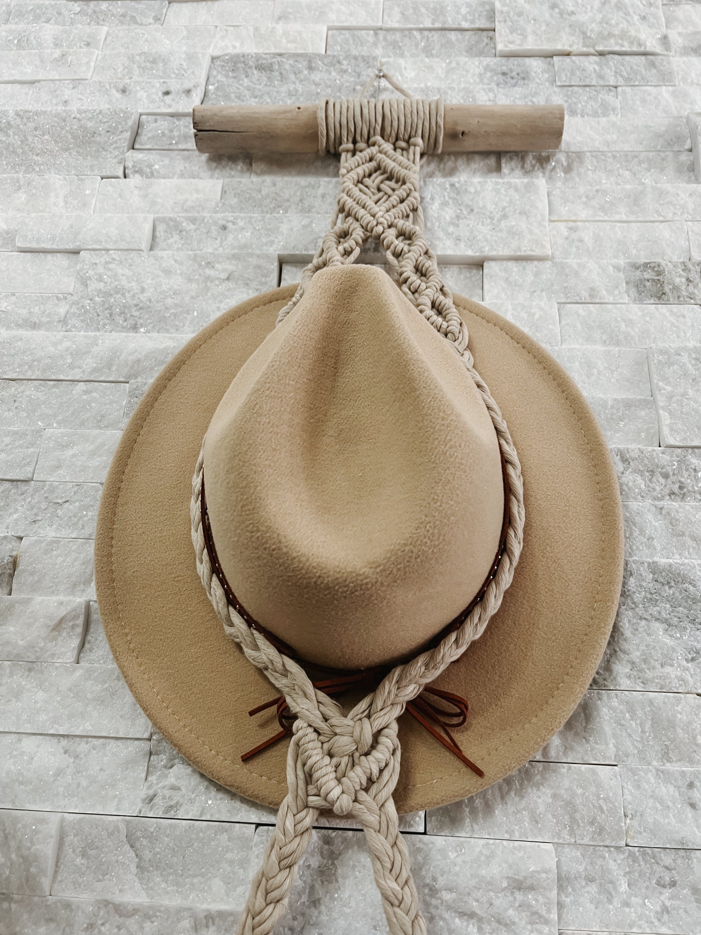 Triple Macramé Hat Hanger with Feathers in Almond Color