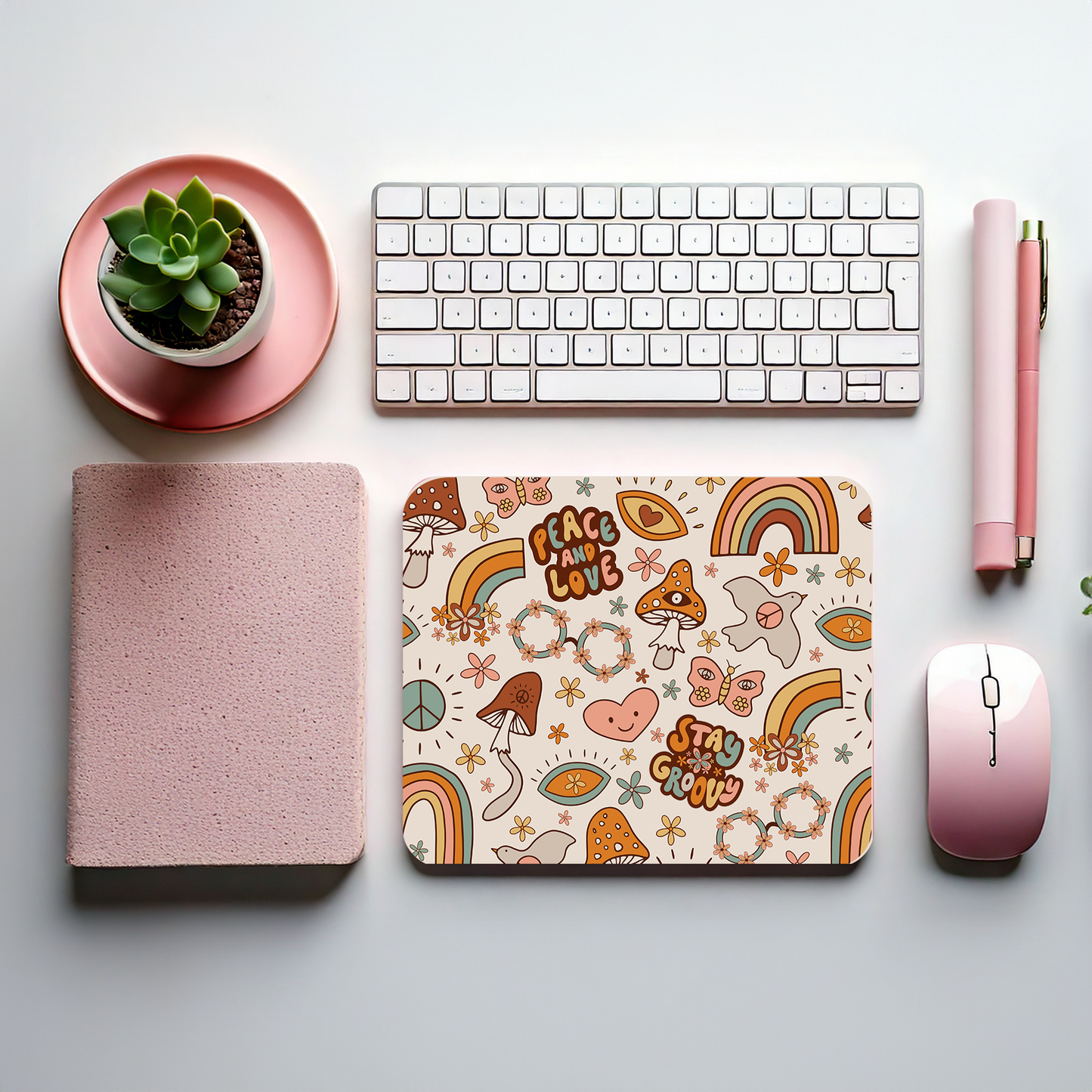 “Retro aesthetic mouse pad with rainbows, peace signs, mushrooms, flowers, and 70s-inspired quotes like Peace and Love and Stay Groovy”
