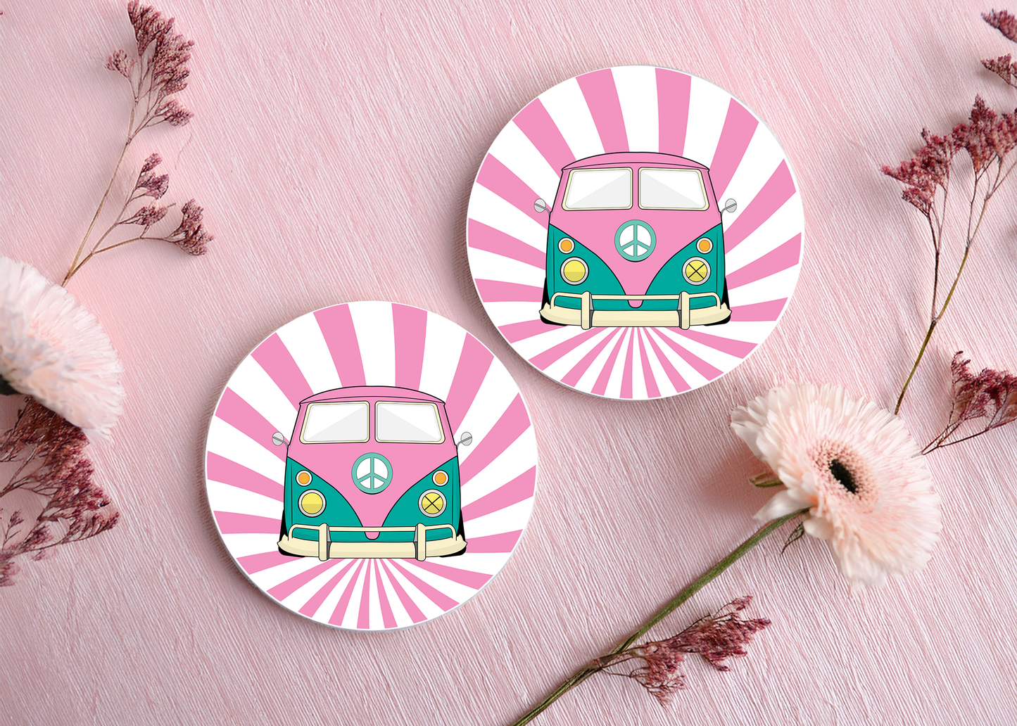 Retro Vintage Van Car Coasters – Set of 2, Absorbent & Non-Slip
