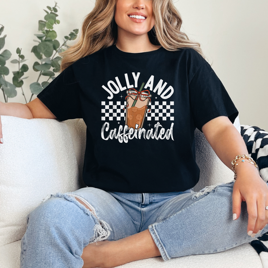 Jolly and Caffeinated Christmas T-Shirt – Funny Holiday Coffee Tee
