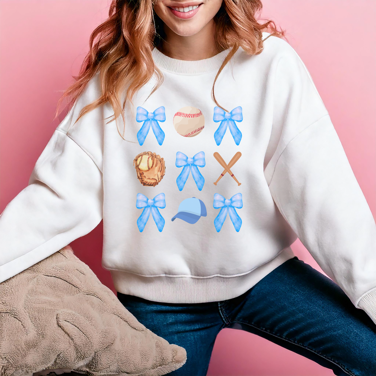 Blue Bow Baseball Sweatshirt – Cute Sports Lover Pullover | Cozy & Stylish