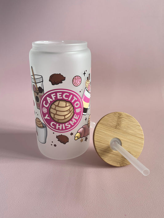 Cafecito y Chisme Glass Cup – Frosted 16oz with Bamboo Lid & Straw