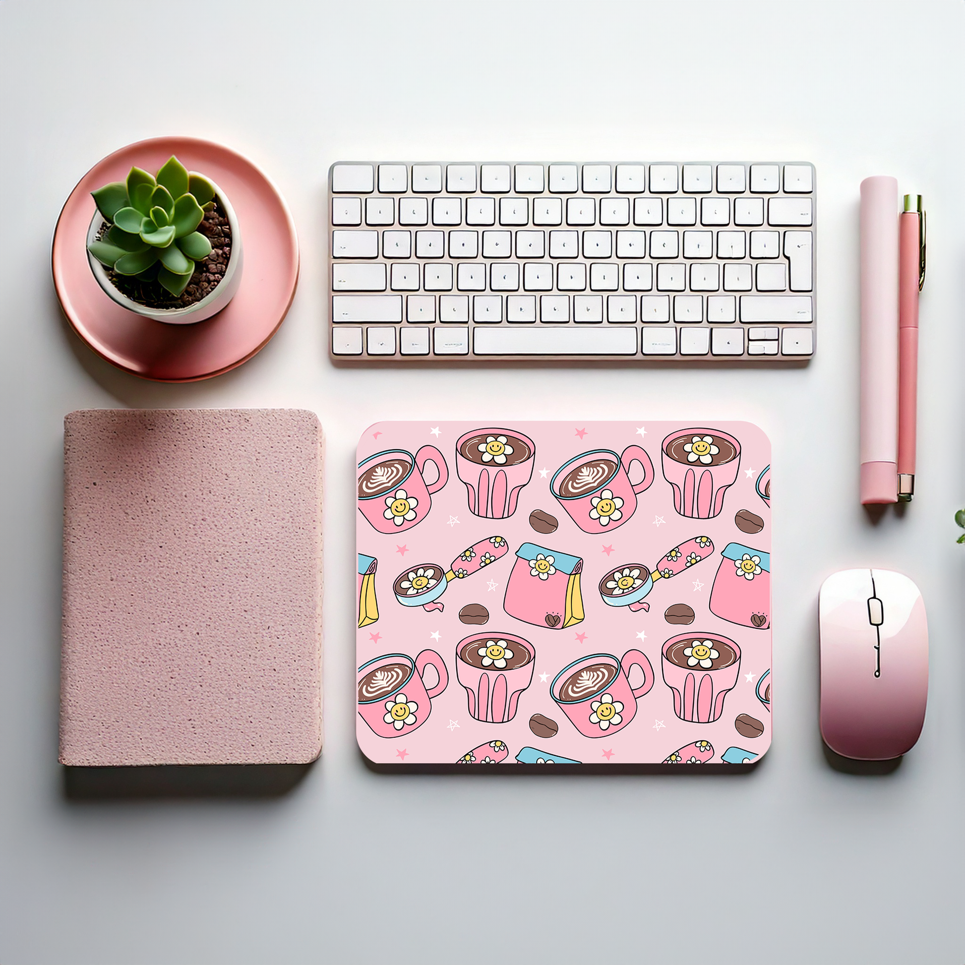 “Kawaii iced coffee Cup mouse pad with pink background, smiling drink cups, whipped topping, and pastel floral accents – cute aesthetic desk accessory”