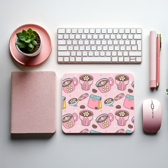 “Kawaii iced coffee Cup mouse pad with pink background, smiling drink cups, whipped topping, and pastel floral accents – cute aesthetic desk accessory”