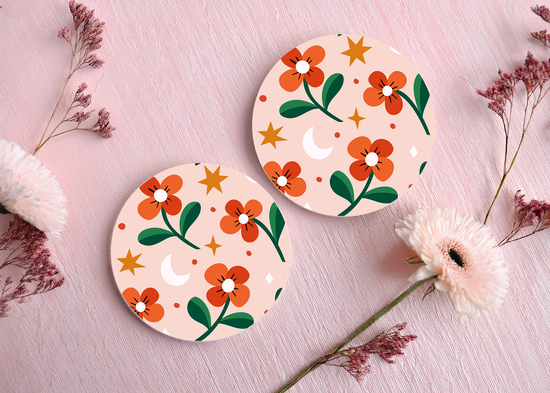 Floral Moon & Stars Car Coasters – Set of 2, Absorbent & Non-Slip