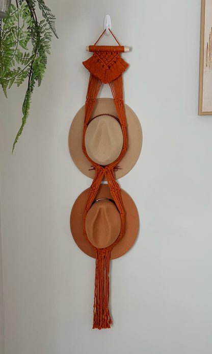 Double Macrame Hat Hanger - Rust and Neutral-White Color