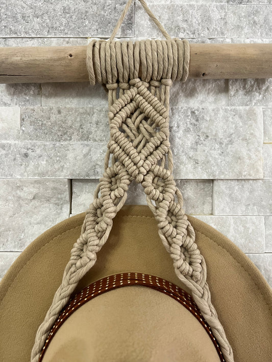 Triple Macramé Hat Hanger with Feathers in Almond Color