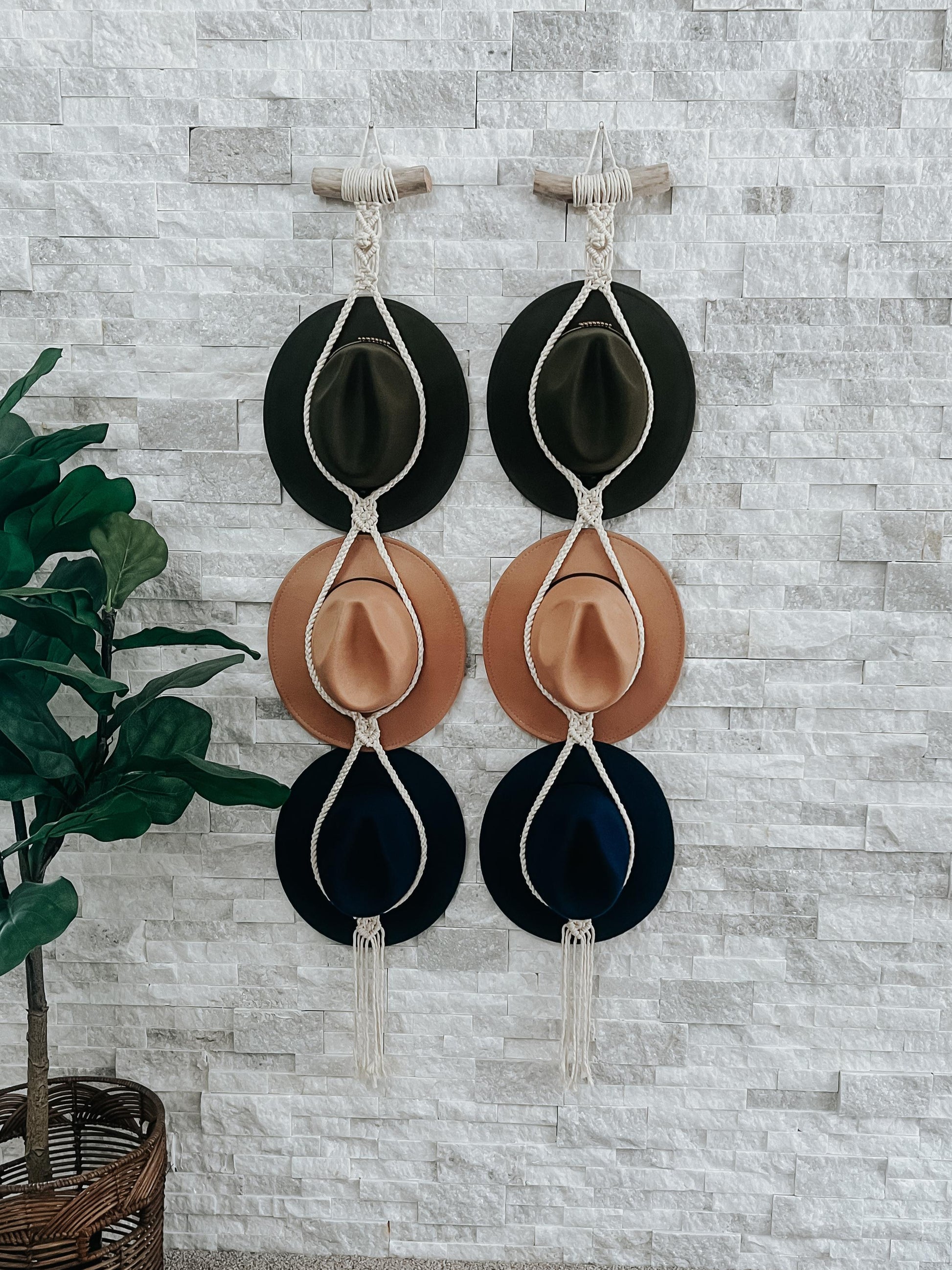 Hat storage, Macrame hat hanger, Macrame Triple Hat Hanger displaying three hats on a wall