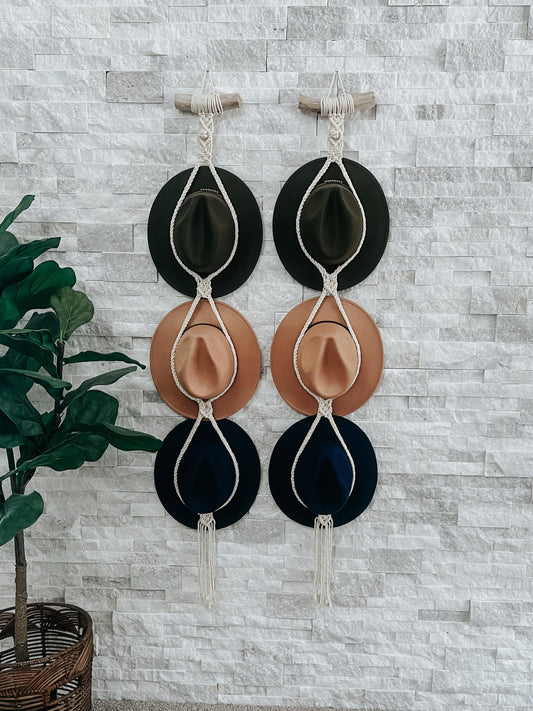 Hat storage, Macrame hat hanger, Macrame Triple Hat Hanger displaying three hats on a wall