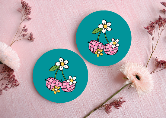 Retro Cherry Car Coasters – Set of 2, Absorbent & Non-Slip”