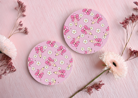 Car Coasters, Pink Design, Car Accessories, Car Gifts, Daisy Décor, Bows and Pencils.