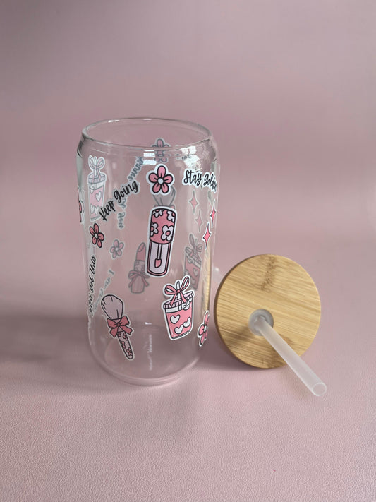 Motivational Glass Cup  – 16oz with Bamboo Lid & Straw